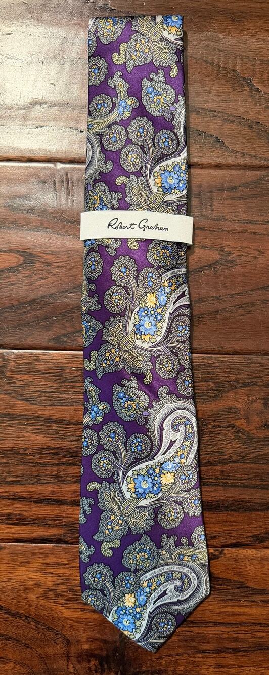 $150 NWT Robert Graham Purple Multi 100% Silk Floral Print Neck Tie